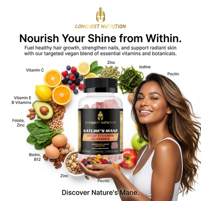 Advertisement for Conquest Nutrition Nature's Mane hair vitamin supplement with a woman holding the product and surrounded by health foods.