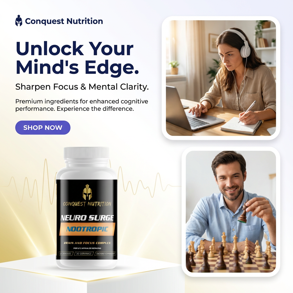 Advertisement for Conquest Nutrition Neuro Surge Nootropic supplement with images of a woman working and a man playing chess.