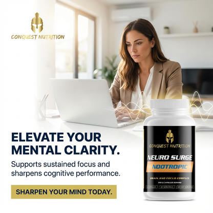 Woman working on a laptop with Conquest Nutrition Neuro Surge Nootropic supplement bottle in foreground