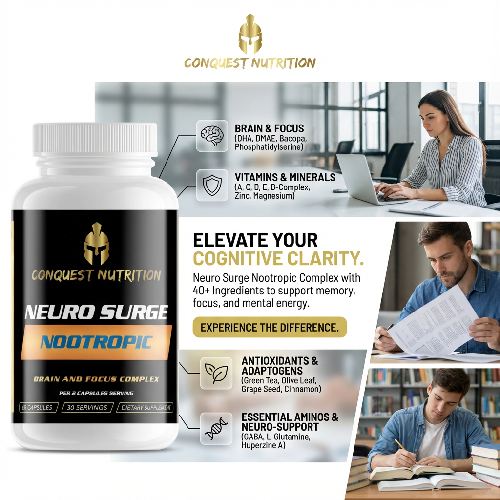 Conquest Nutrition Neuro Surge Nootropic supplement bottle with product details and images of people working.