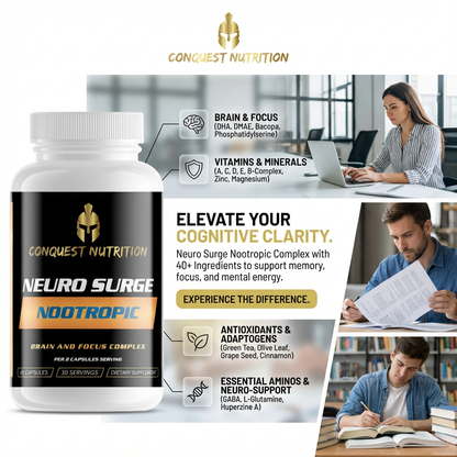Conquest Nutrition Neuro Surge Nootropic supplement bottle with product details and images of people working.