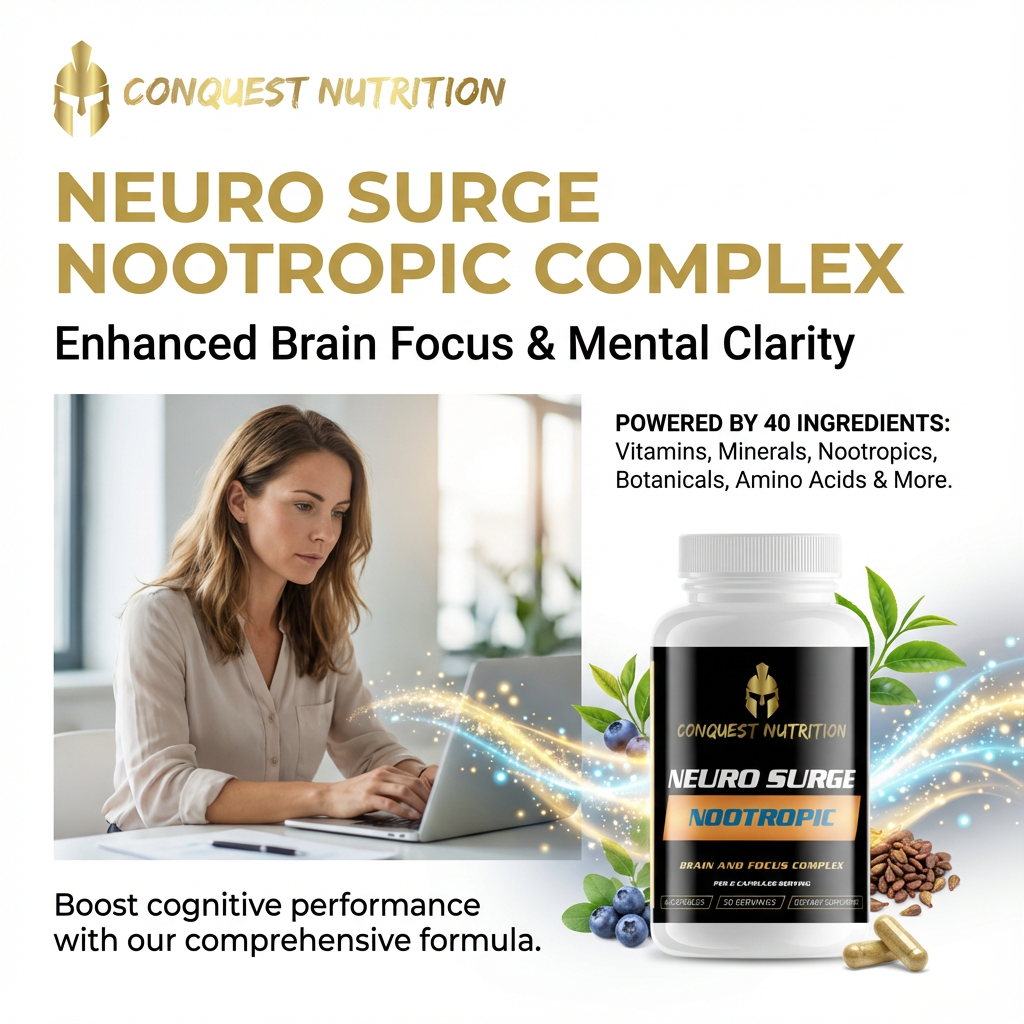 Advertisement for Conquest Nutrition Neuro Surge Nootropic Complex with a woman using a laptop.