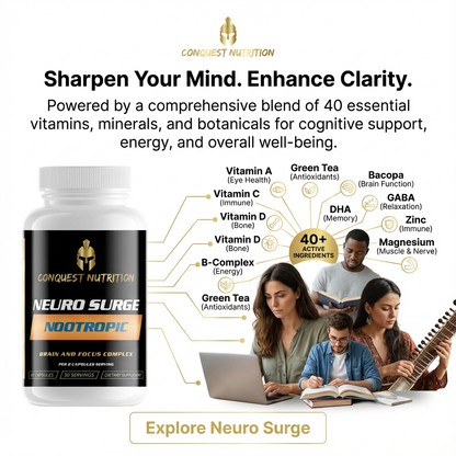 Conquest Nutrition Neuro Surge Nootropic supplement bottle with product details and lifestyle images of people using the product.