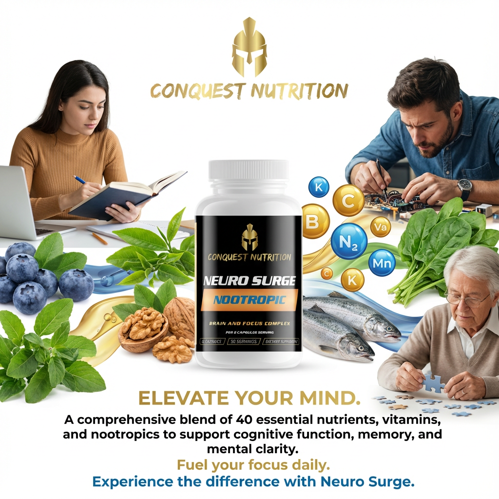 Advertisement for Conquest Nutrition Neuro Surge Nootropic supplement with people around a table and health-related items.