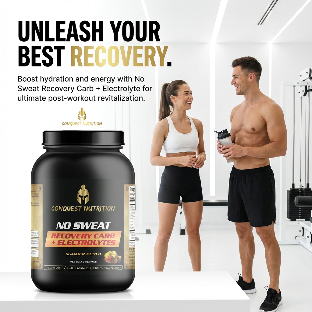 Conquest Nutrition No Sweat Recovery supplement with a man and woman in a gym setting.