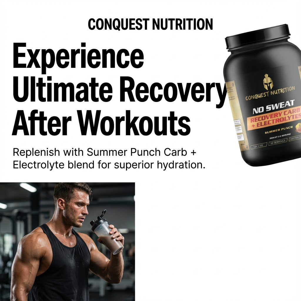 Advertisement for Conquest Nutrition recovery supplement with a man holding a supplement bottle.