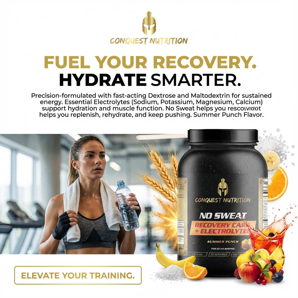 Conquest Nutrition recovery drink mix with a woman in a gym, text about recovery and hydration, and product packaging.
