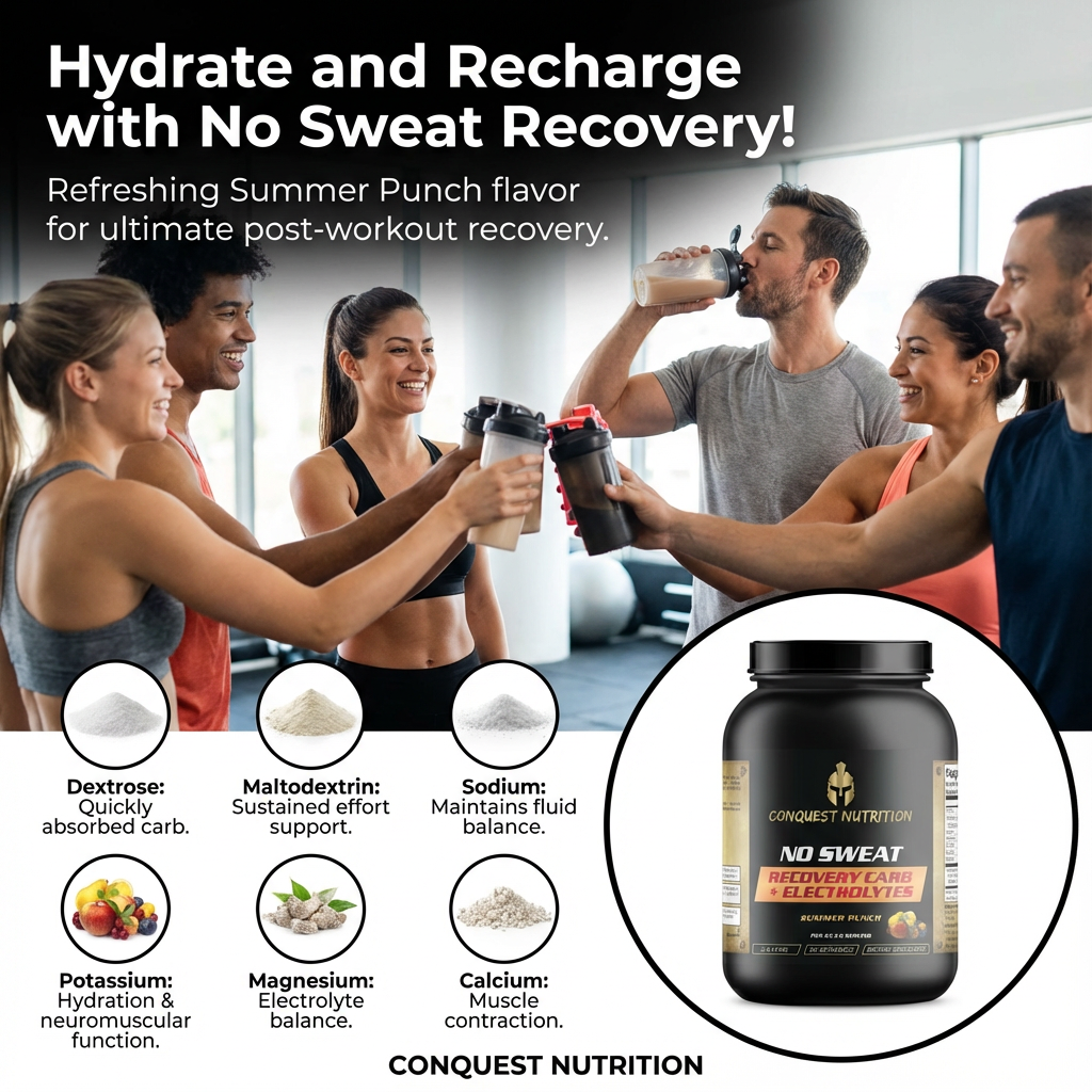 Advertisement for Conquest Nutrition No Sweat recovery supplement with people hydrating and text about flavor and benefits.