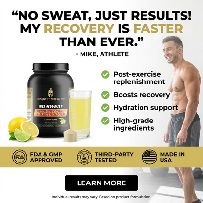Advertisement for a recovery supplement with a man, lemon slices, and a glass of juice.