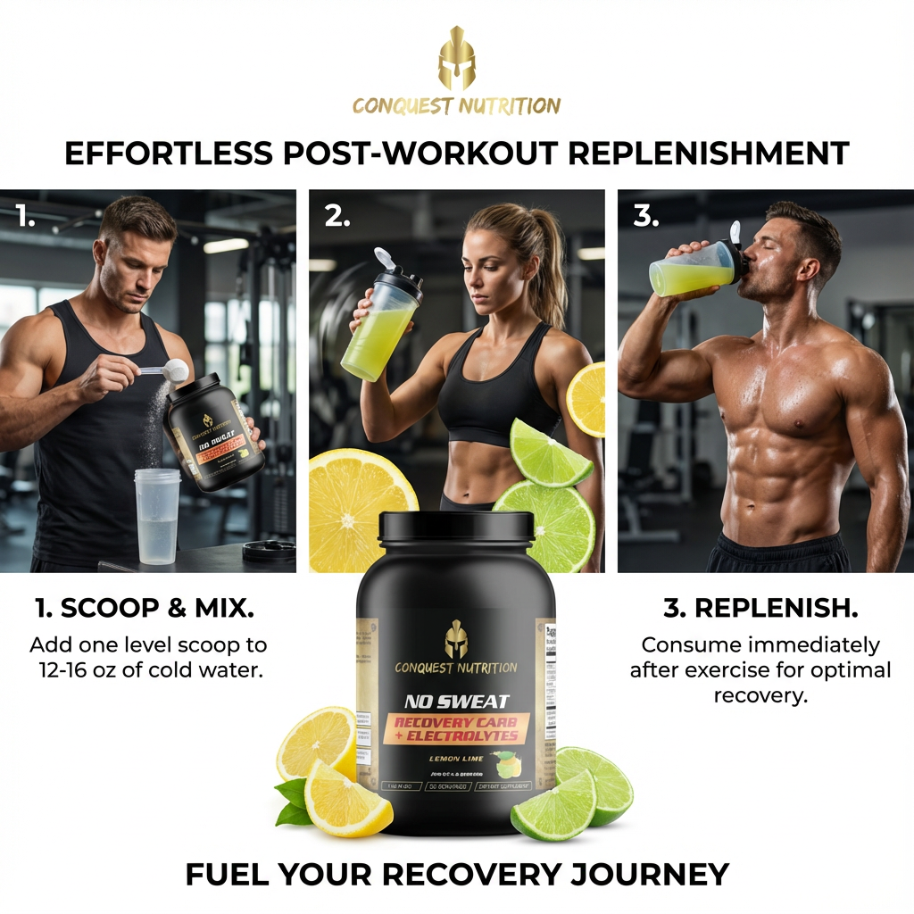 Advertisement for Conquest Nutrition recovery supplement with steps for post-workout replenishment.