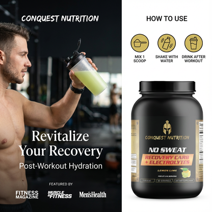 Man holding a protein shake with Conquest Nutrition product and usage instructions.