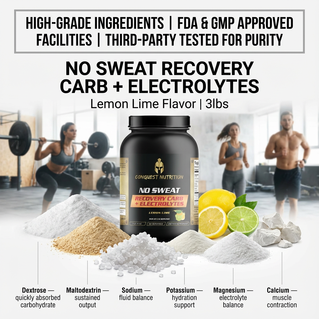 No Sweat Recovery Carb + Electrolytes supplement with ingredients and benefits displayed.