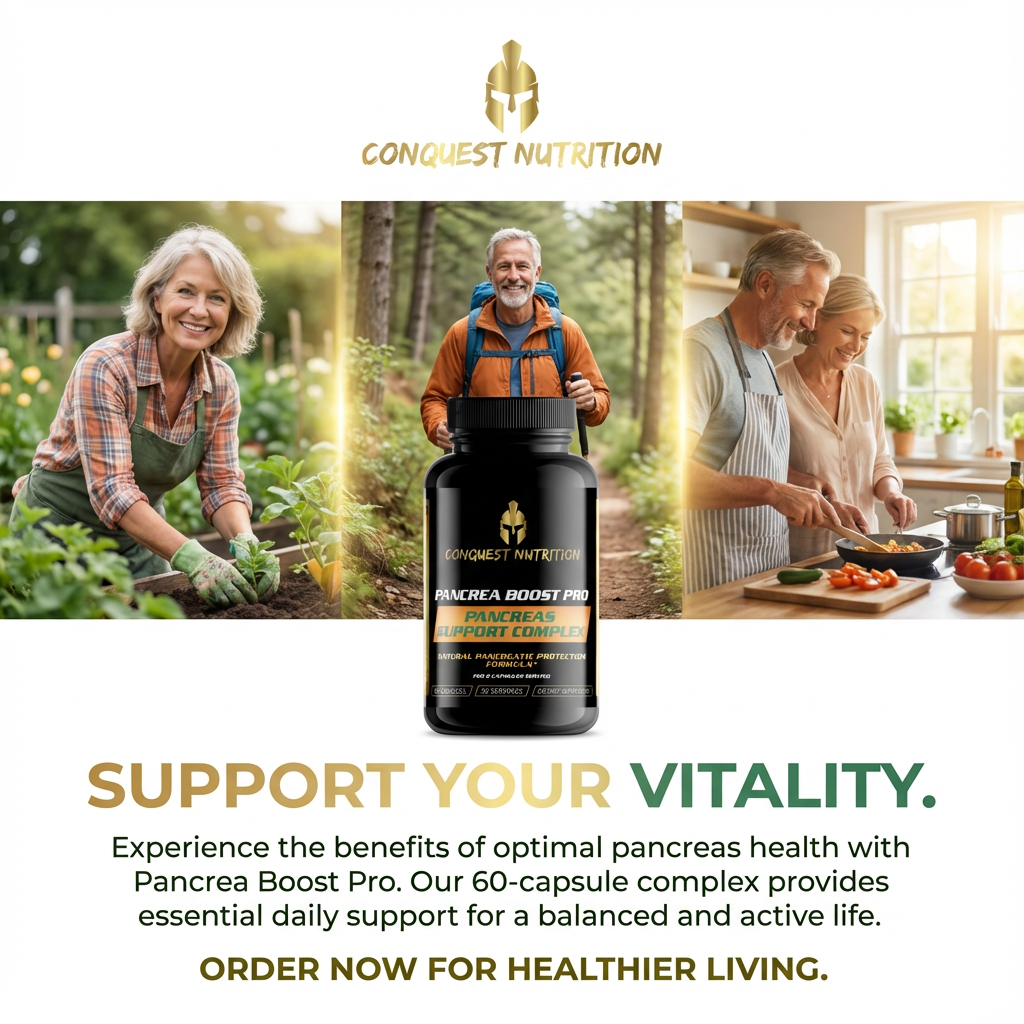 Advertisement for Conquest Nutrition Pancrea Boost Pro with lifestyle images and product packaging.