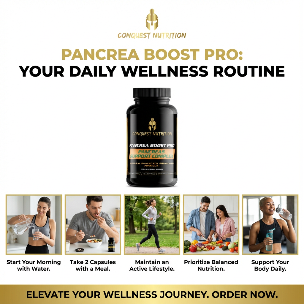 Advertisement for Congquest Nutrition Pancrea Boost Pro supplement with product image and lifestyle illustrations.