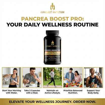 Advertisement for Congquest Nutrition Pancrea Boost Pro supplement with product image and lifestyle illustrations.