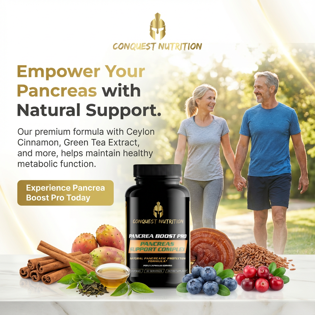 Advertisement for Conquest Nutrition Pancrea Boost Pro with a couple walking outdoors and health ingredients.