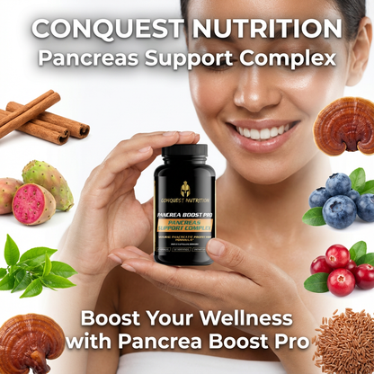 Person holding a supplement bottle with health benefits and ingredients displayed around.