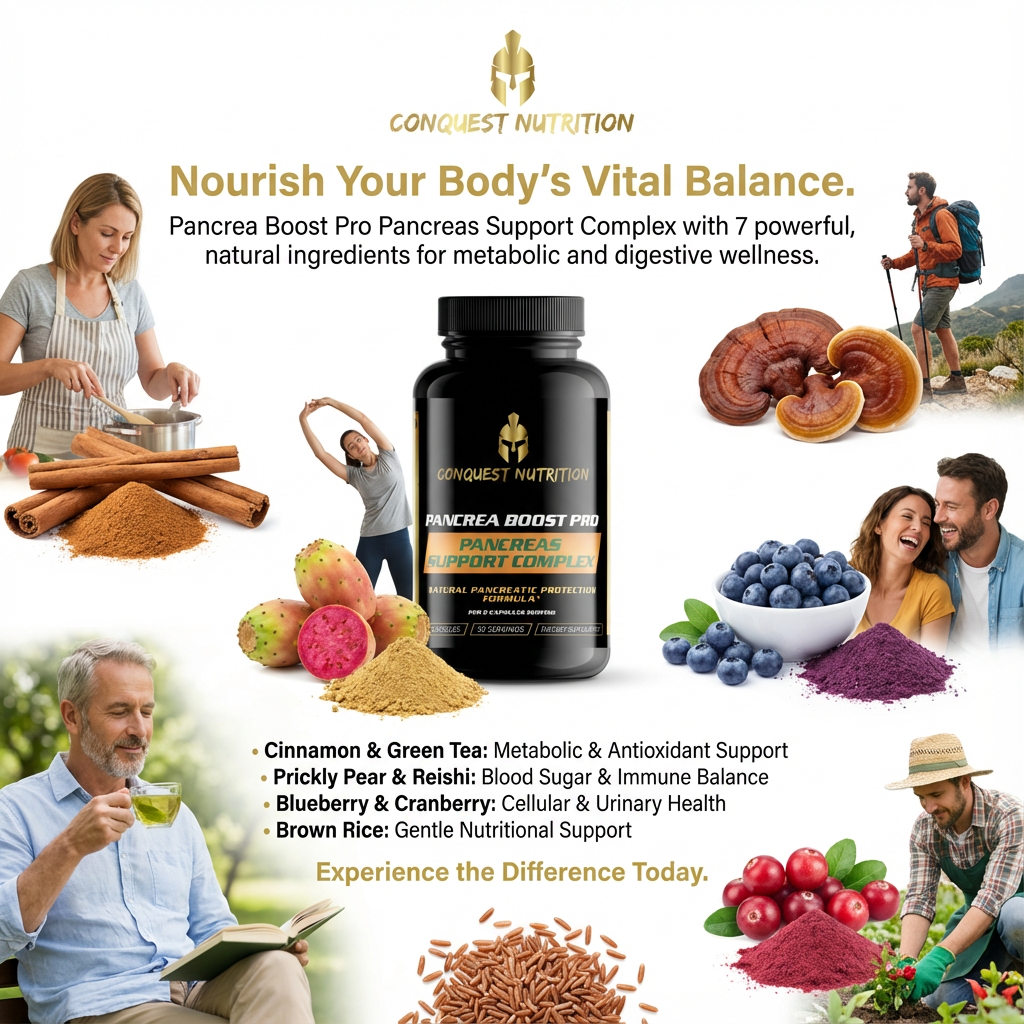 Advertisement for Conquest Nutrition Pancrea Boost Pro with product and ingredients displayed.