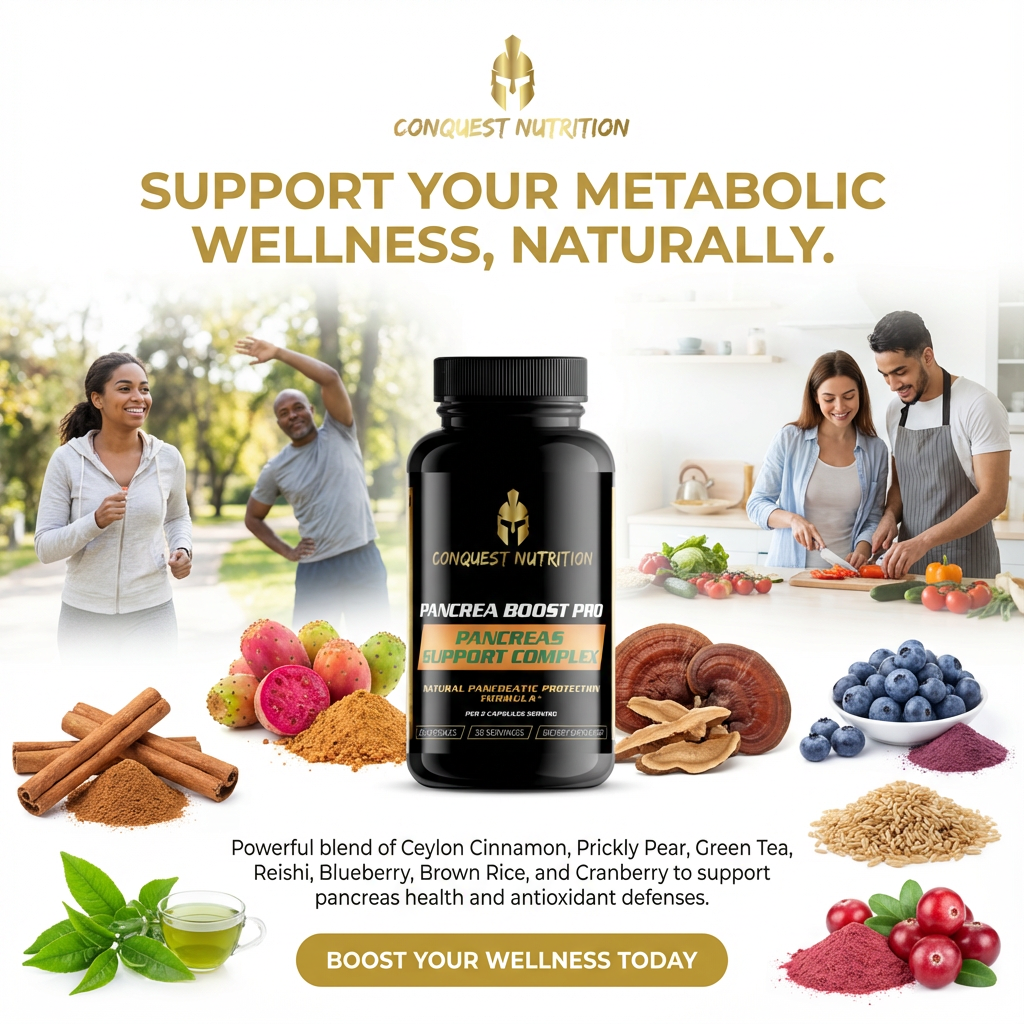 Conquest Nutrition Pancreas Boost Pro supplement bottle with lifestyle images and wellness text.