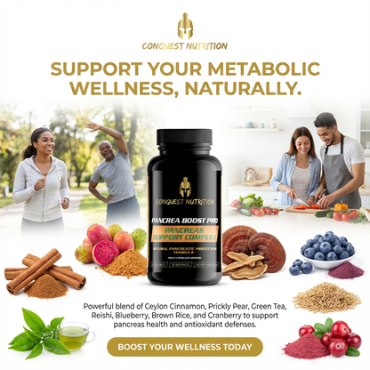 Conquest Nutrition Pancreas Boost Pro supplement bottle with lifestyle images and wellness text.