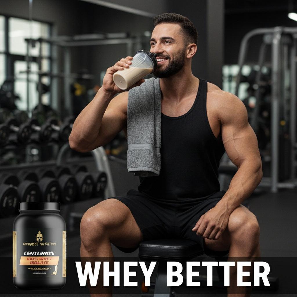 Man in a gym drinking a protein shake with Centurion Nutrition products displayed.