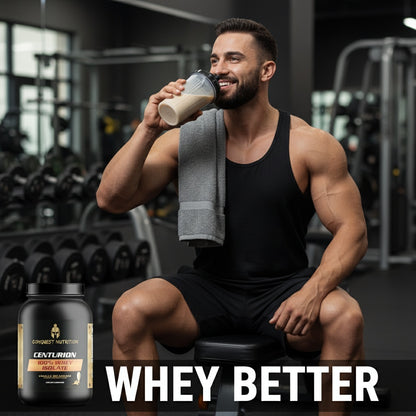 Man in a gym drinking a protein shake with Centurion Nutrition products displayed.