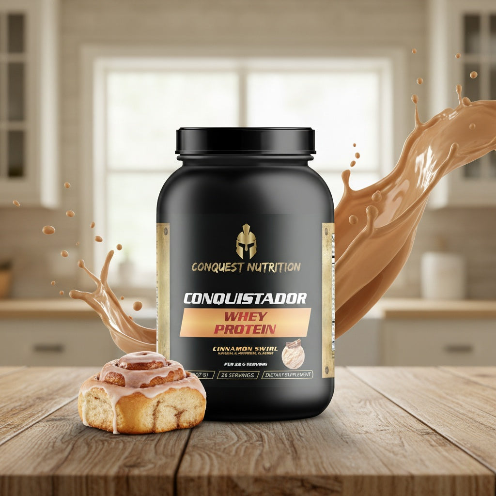 Conquistador Whey Protein container with a cinnamon roll on a wooden surface