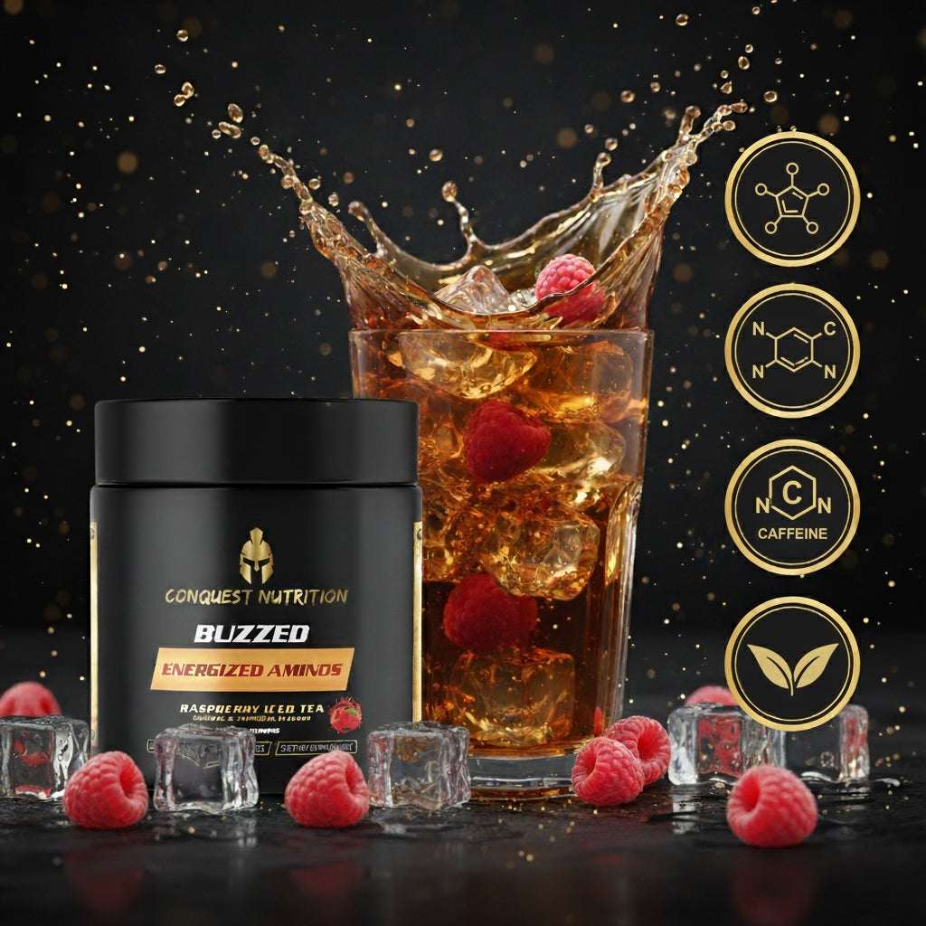 Conquest Nutrition Buzzed energy drink mix with a glass of raspberry iced tea on a dark background.