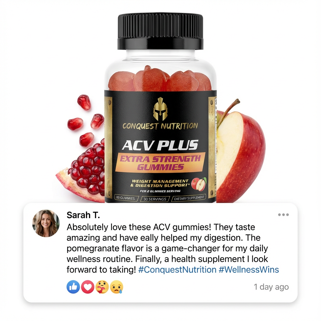 Conquest Nutrition ACV Plus Extra Strength Gummies with pomegranate and apple on a white background