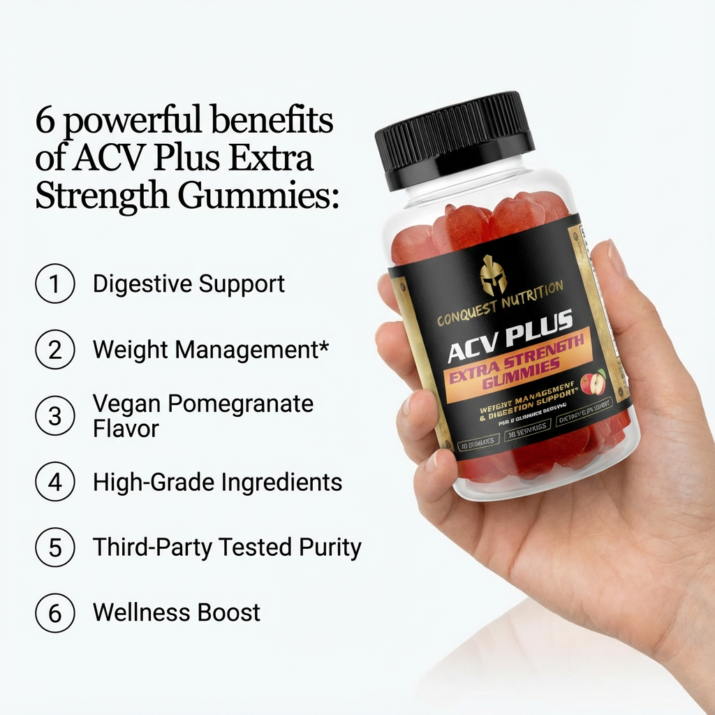 Hand holding a bottle of ACV Plus Extra Strength Gummies with listed benefits on a white background