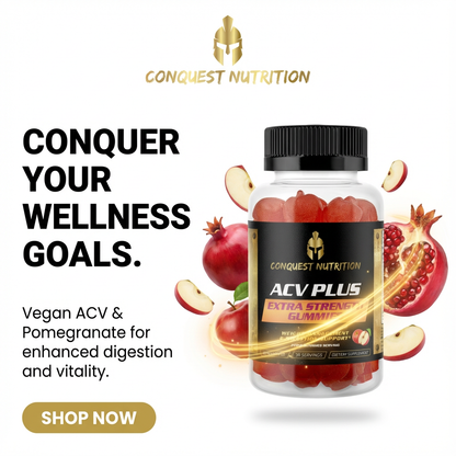 Conquest Nutrition ACV Plus supplement bottle with pomegranate and apple graphics on a white background