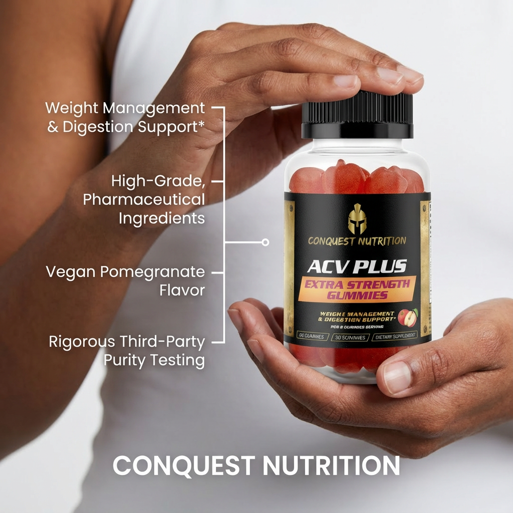 Conquest Nutrition ACV Plus Extra Strength Gummies bottle held by a person with product features listed.