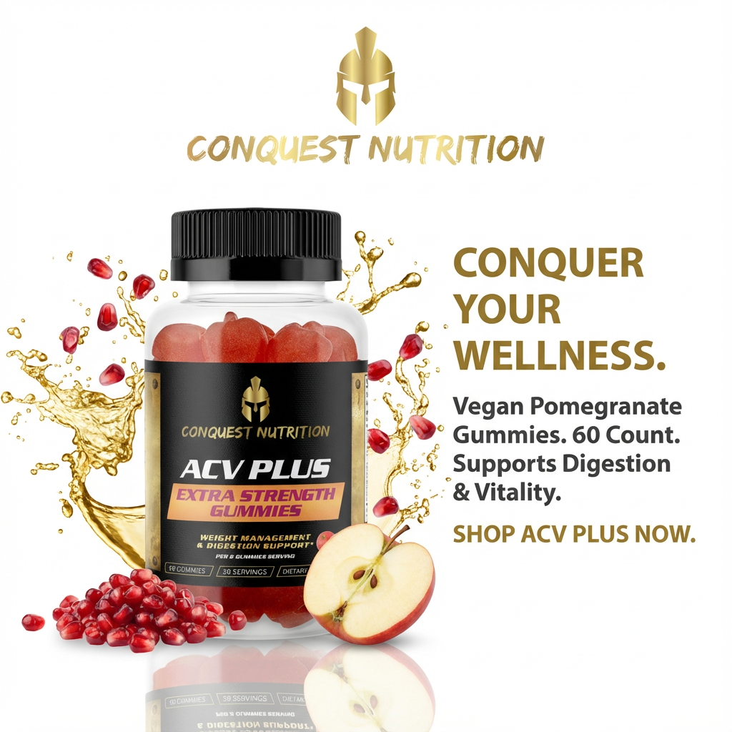 Conquest Nutrition ACV Plus gummies packaging with pomegranate and apple elements on a white background.