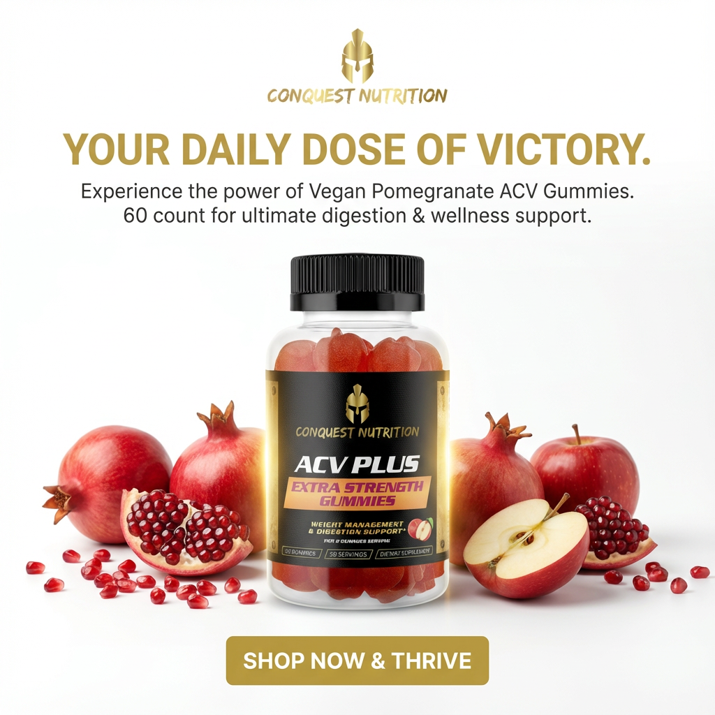 Conquest Nutrition ACV Plus gummies with pomegranates and apples on a white background