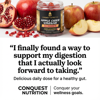 Conquest Nutrition Apple Cider Vinegar Gummies with apples and pomegranate seeds on a white background