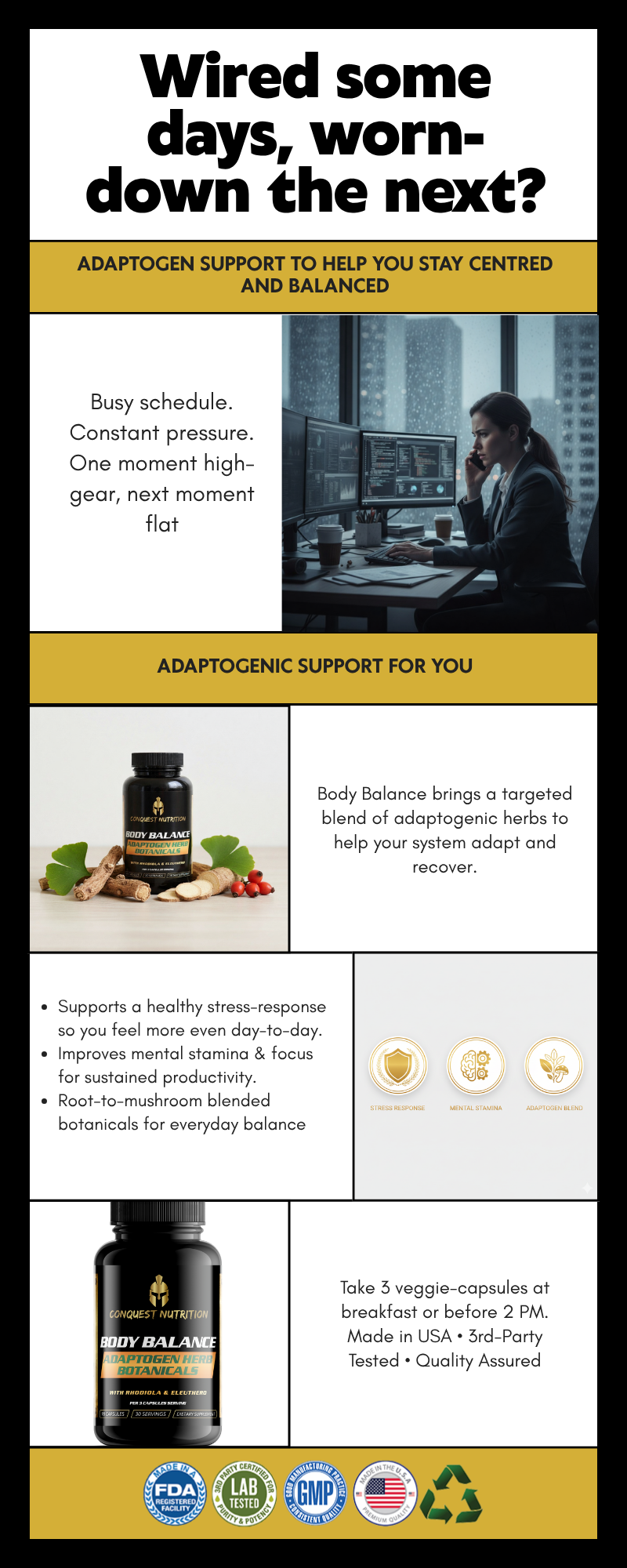 Body Balance Adaptogen Herb Botanicals - 90 Veggie Capsules for Optimal Wellness