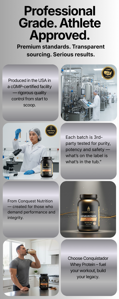 Advertisement for a protein supplement brand with text and images of people and products.