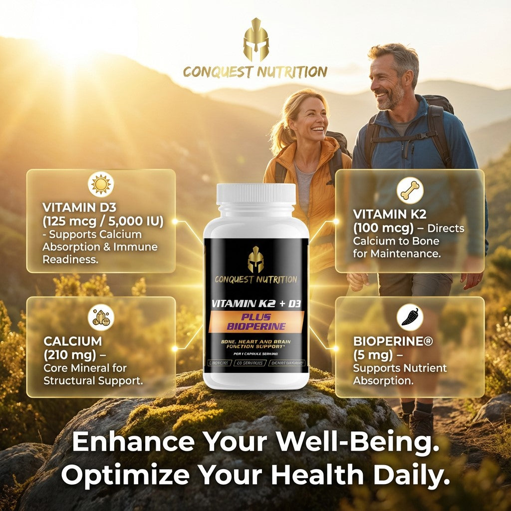 Conquest Nutrition supplement bottle with mountain background and text about vitamins and minerals.