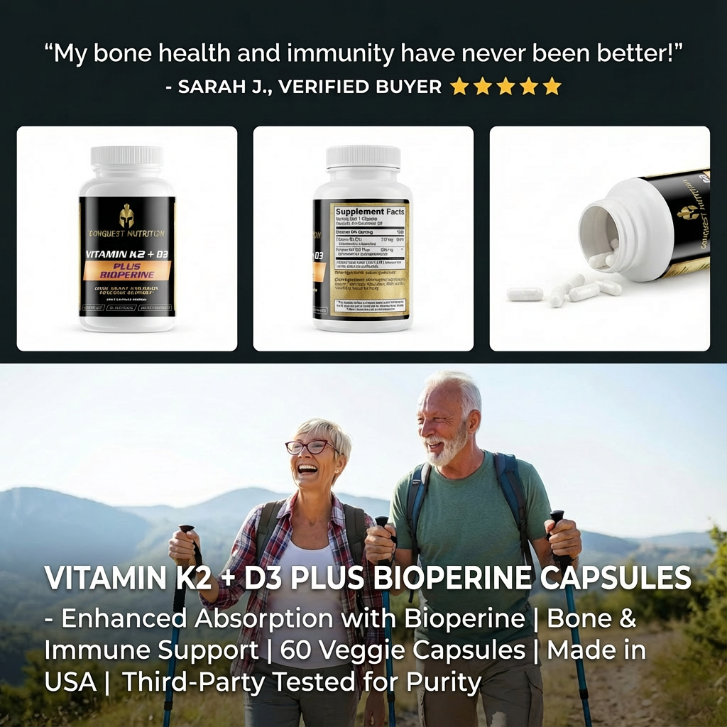 Advertisement for Vitamin K2 + D3 Plus Bioperine capsules with a couple hiking in the background.