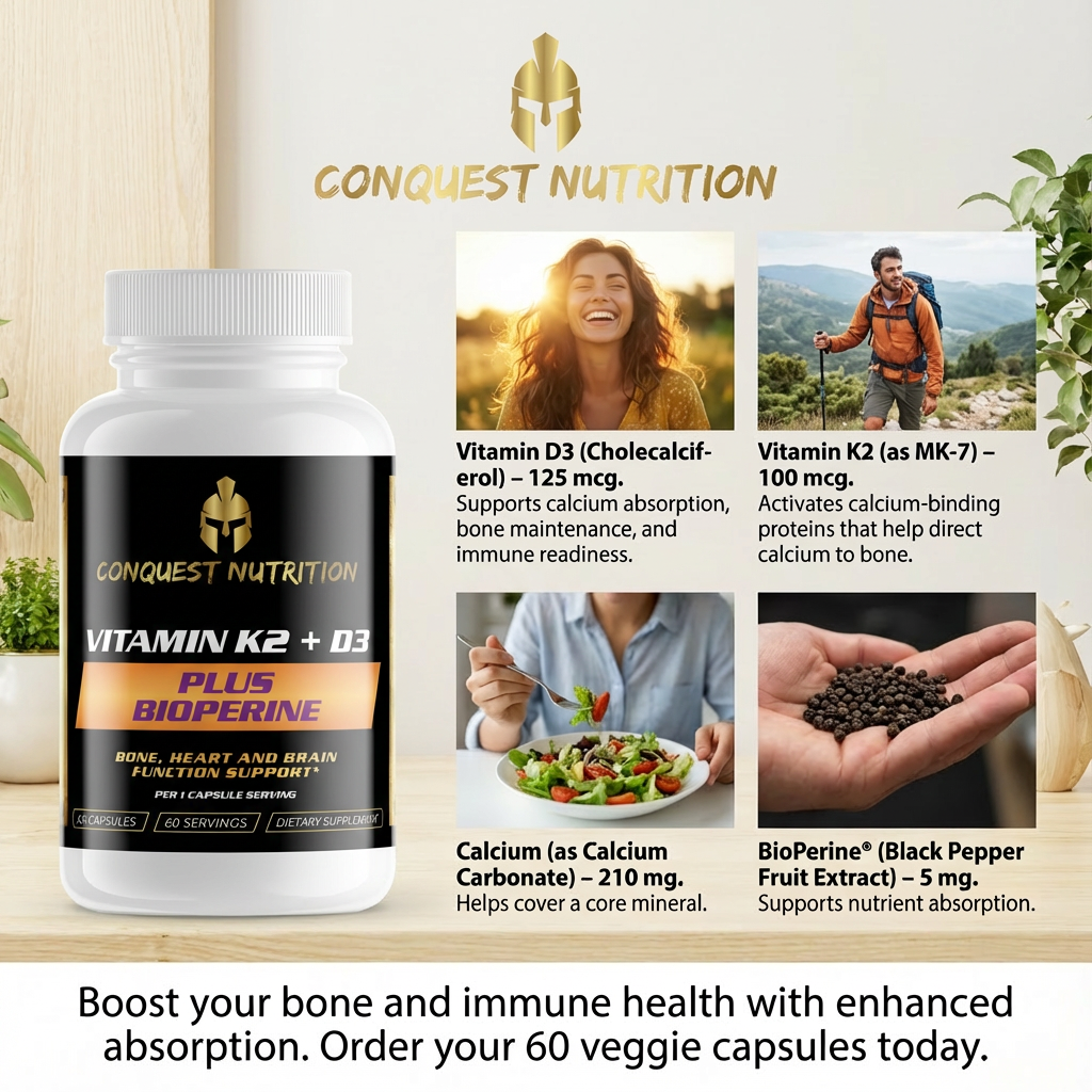 Conquest Nutrition supplement bottle with product details and lifestyle images on a light background