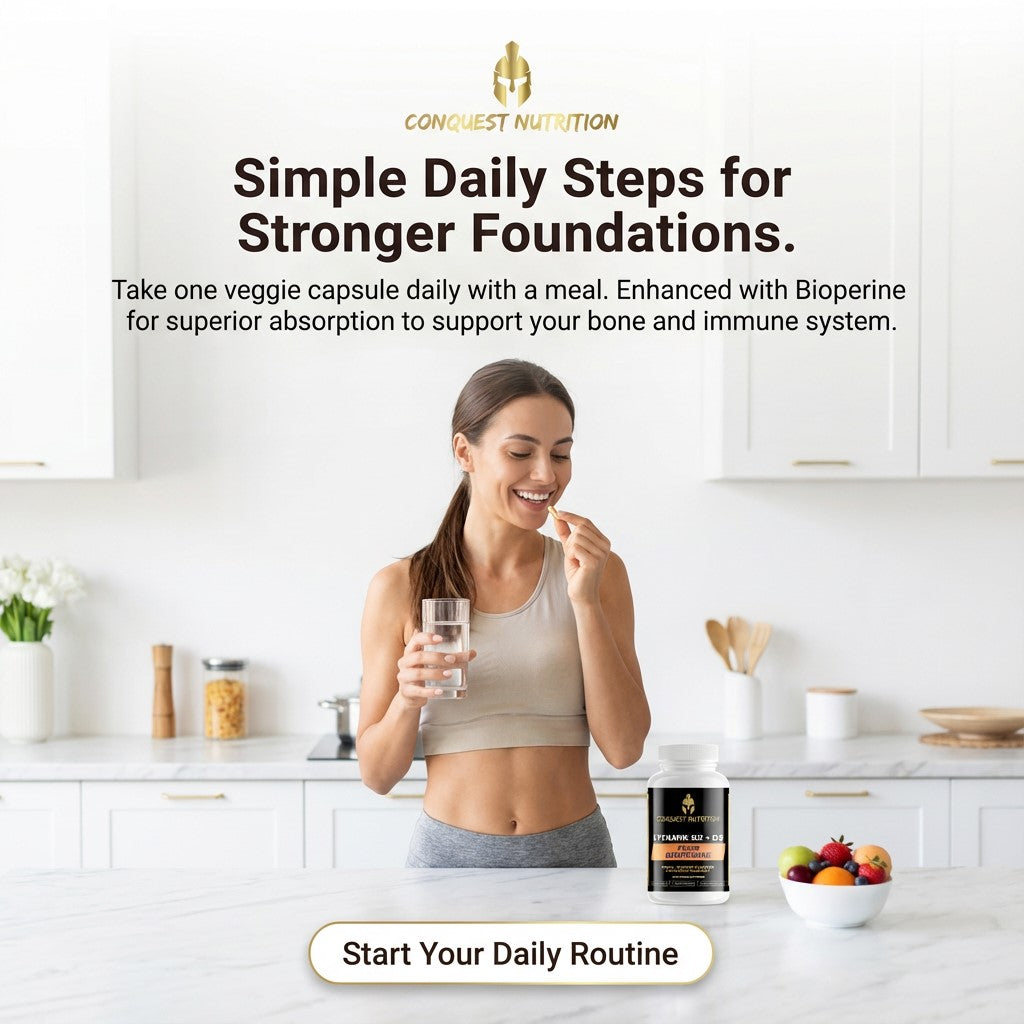 Woman in kitchen holding a supplement and glass of water with Conquest Nutrition branding.