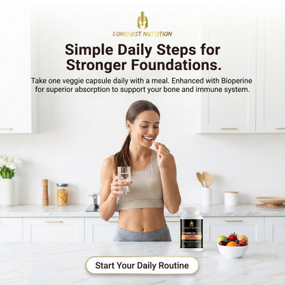 Woman in kitchen holding a supplement and glass of water with Conquest Nutrition branding.