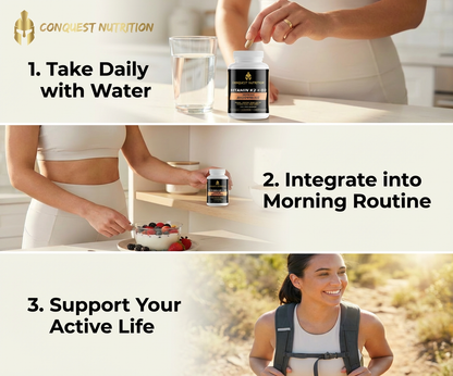 Conquest Nutrition supplement packaging with lifestyle images and text on a white background