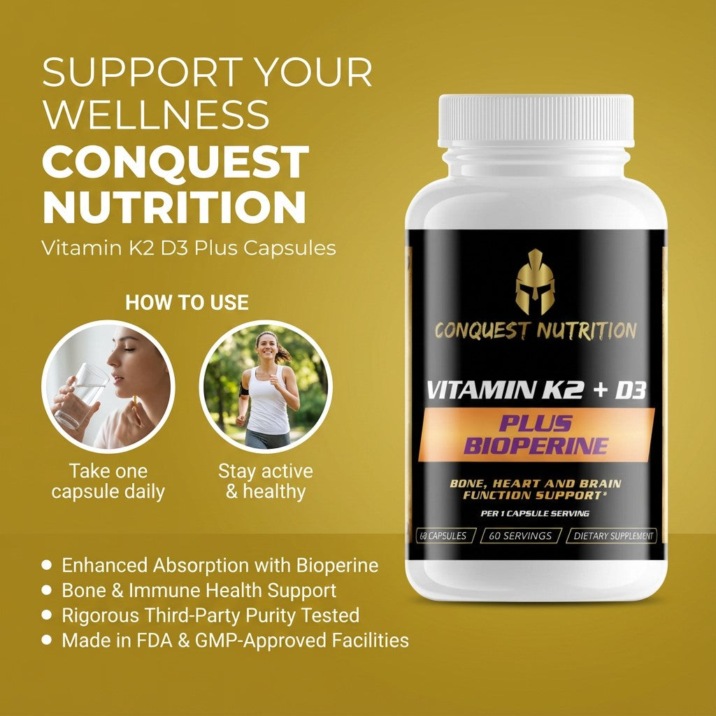 Vitamin supplement bottle with 'Conquest Nutrition' branding on a yellow background