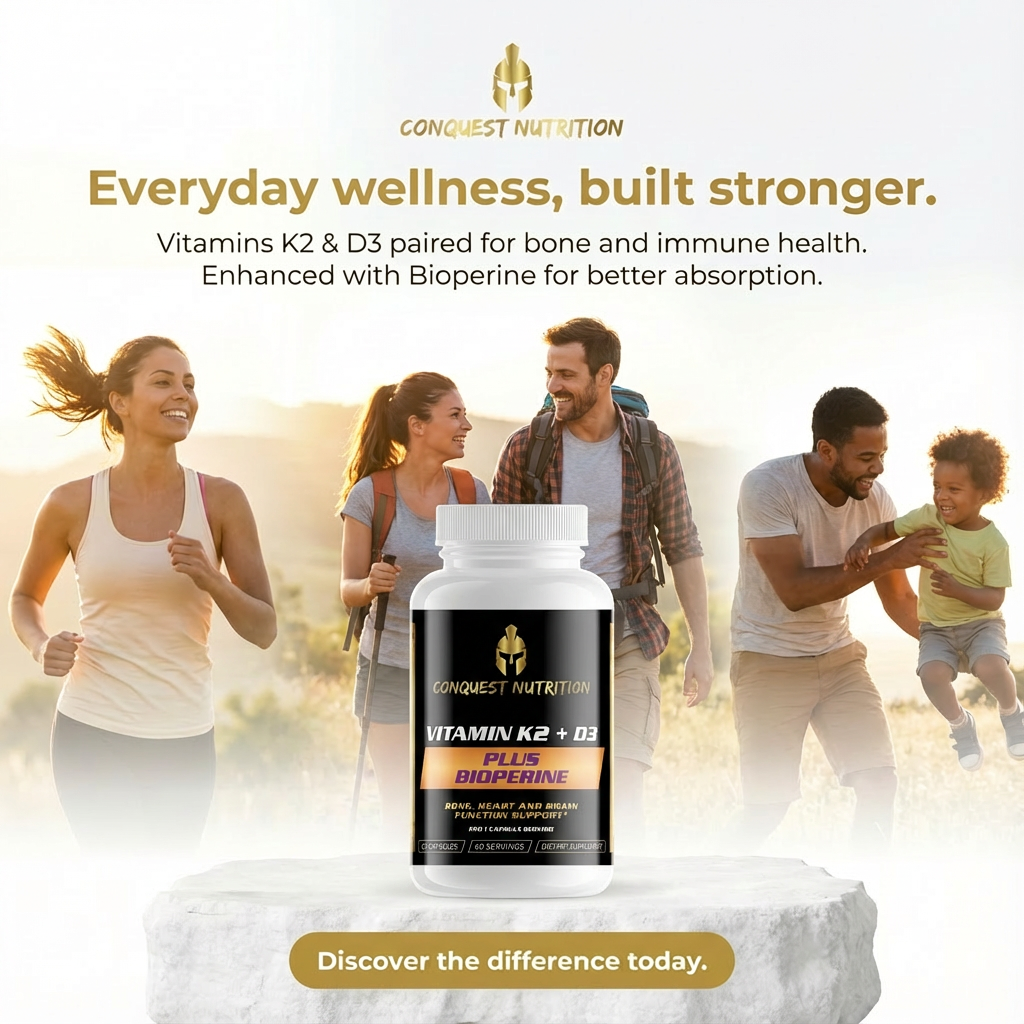 Advertisement for Conquest Nutrition vitamin supplement with people exercising outdoors.