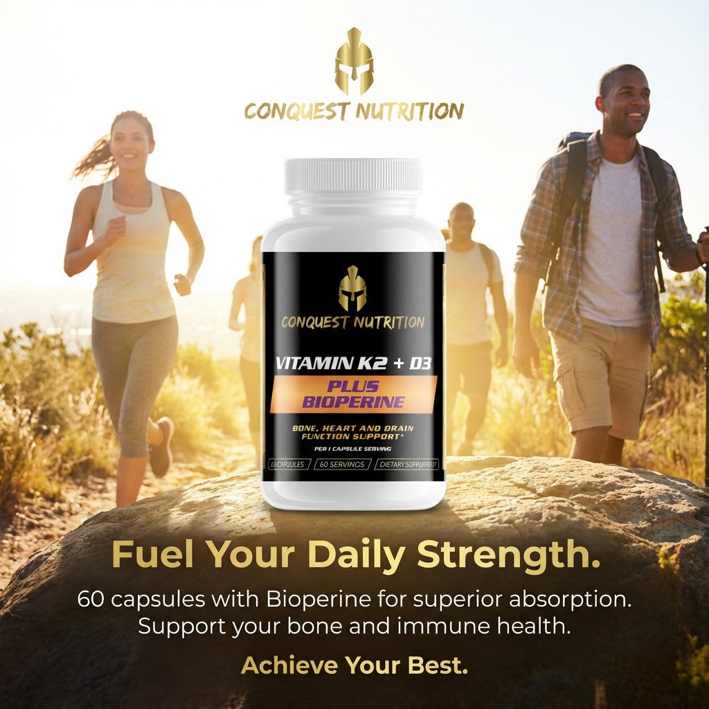 Conquest Nutrition vitamin supplement bottle with people exercising in the background