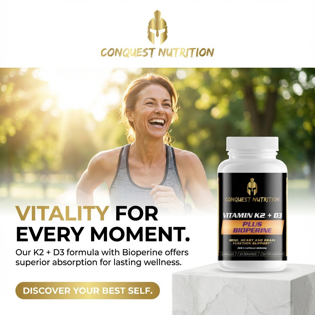 Advertisement for Conquest Nutrition supplements with a woman exercising outdoors.