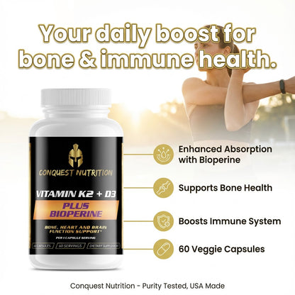 Vitamin supplement bottle with promotional text about bone and immune health, featuring a person exercising in the background.