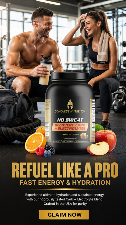 Two people in a gym setting with a protein supplement container and fruits on a black surface.