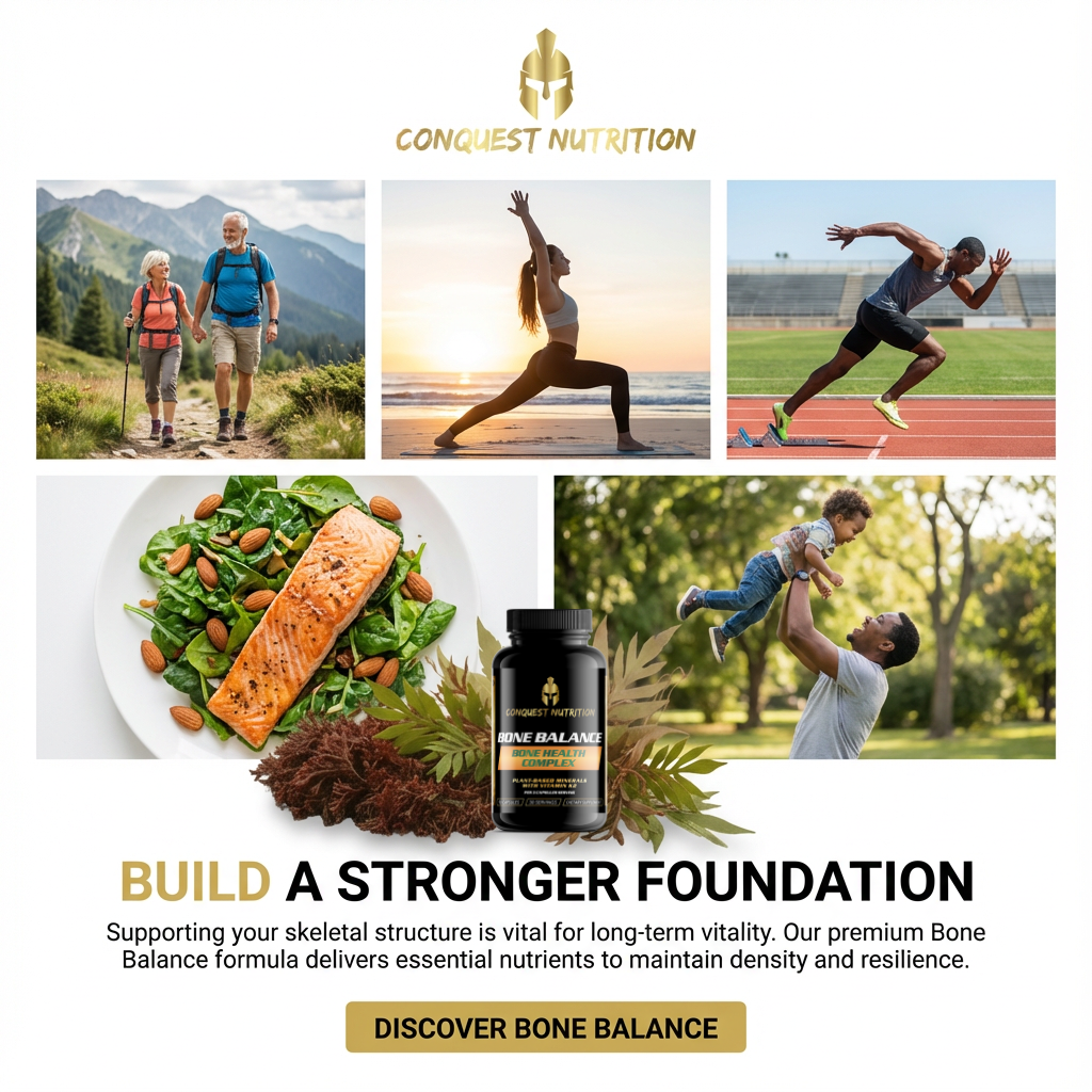 Advertisement for Conquest Nutrition's Bone Balance supplement with lifestyle images and text.